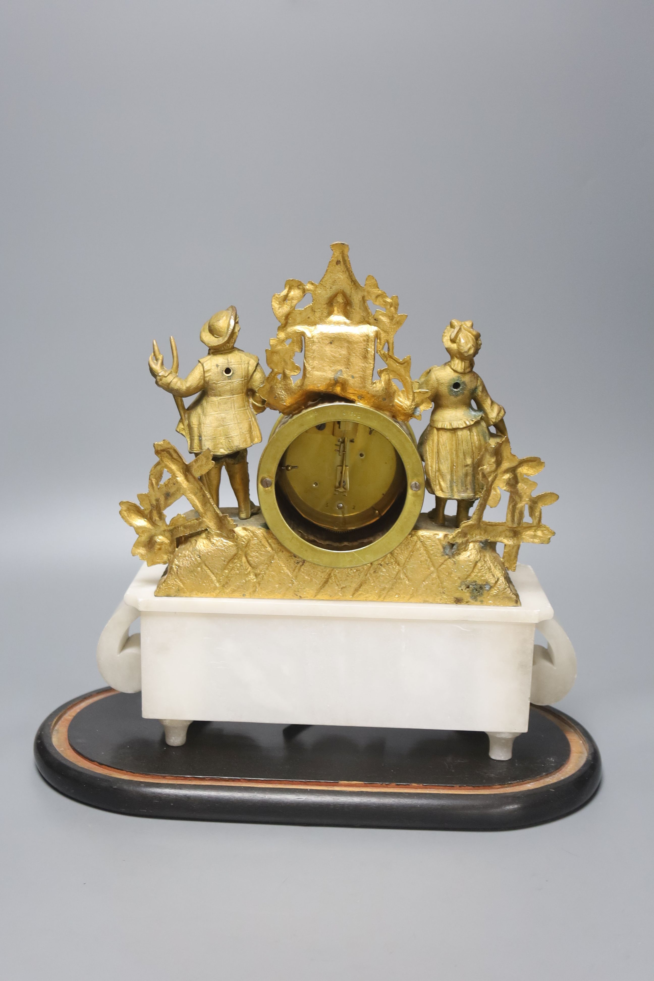 A French gilt metal and alabaster mantel clock, under dome, overall height 40cm